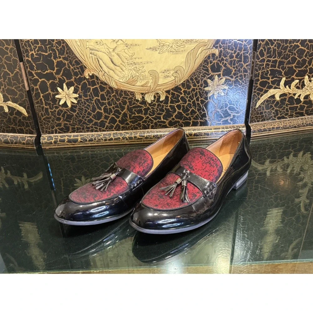 Jitai Mens 9 Black Red Shiny Faux Patent Leather Slide On Tassel Loafer Shoes